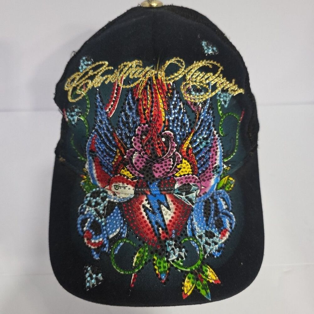 Y2K Christian Audigier Vintage Trucker Hat Ed Hardy Snapback Rhinestones $495
